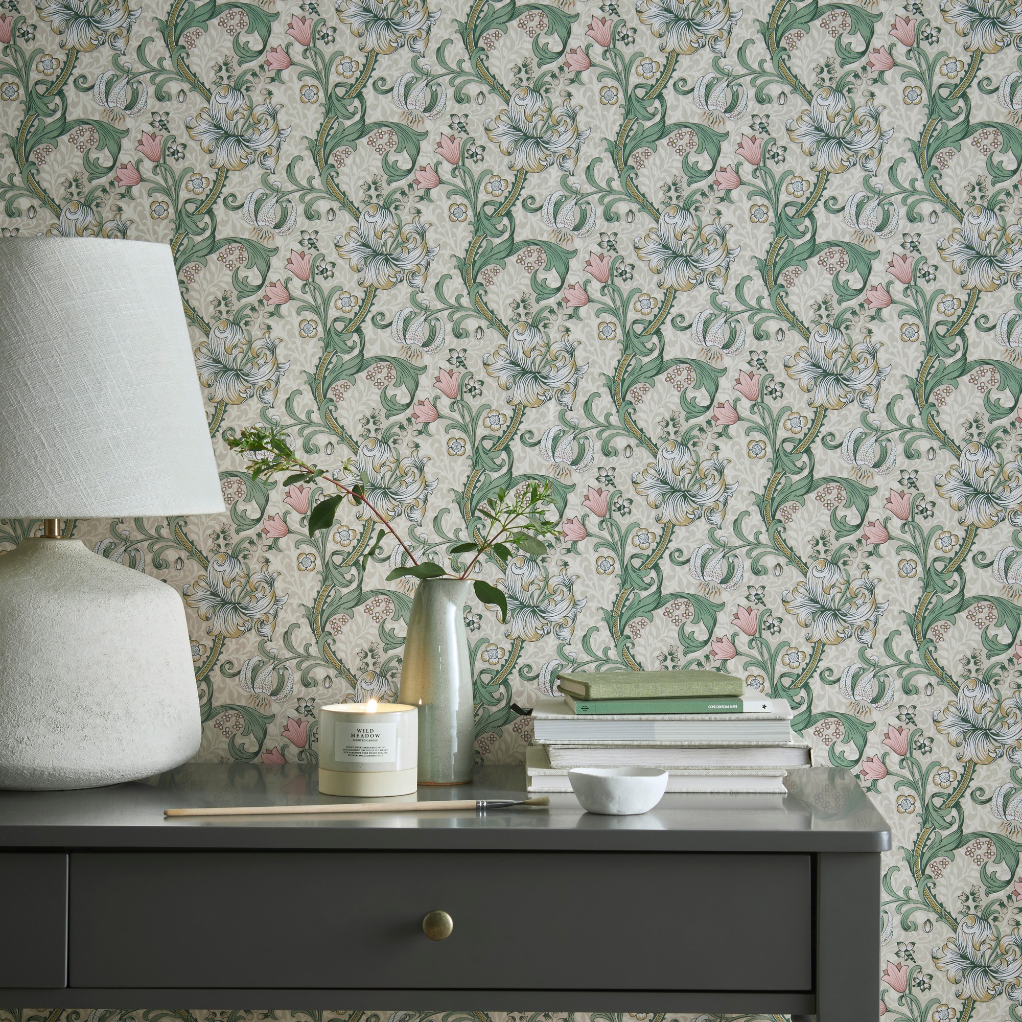 Golden Lily Wallpaper W017401 By Clarke Clarke In Linen Blush